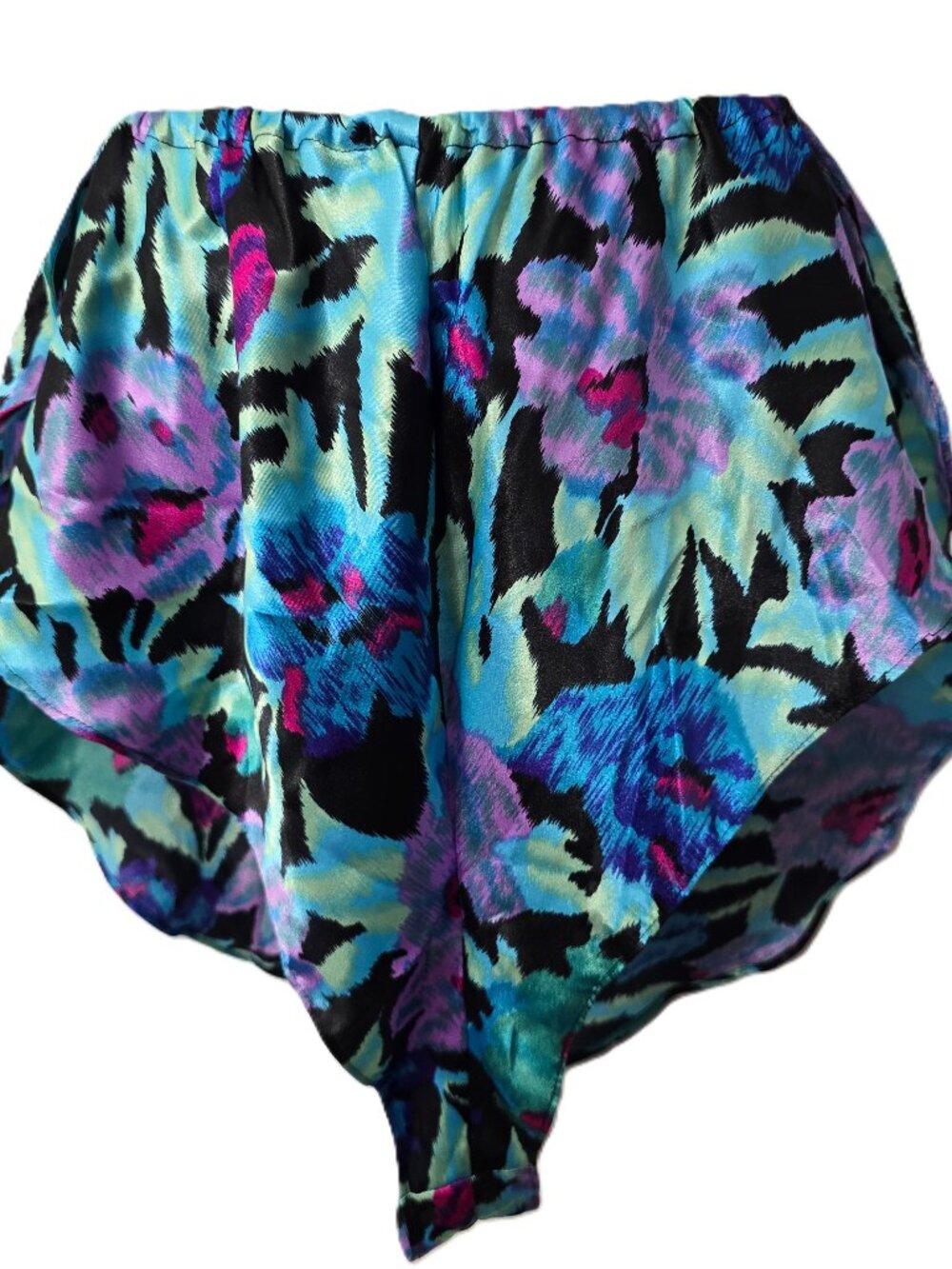 Vintage Satin Pajama Lounge Shorts M Lingerie High Waist Hi Cut Black Floral 90s